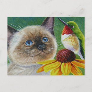Carte Postale Siamese Kitten & Hummingbird Aquarelle Art