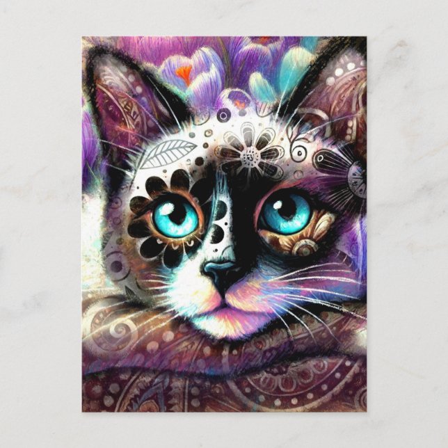 Carte Postale Siamese Kitty Chat Crocus Floral Violet Turquoise  (Devant)