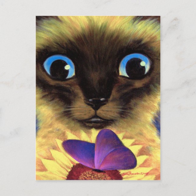 Carte Postale Siamese Peinture Chat Avec Papillon  (Devant)
