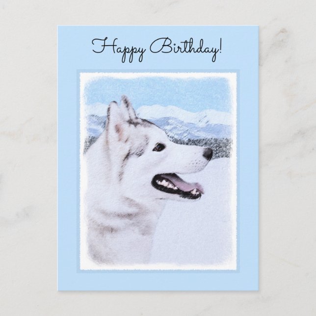 Carte Postale Sibérie Husky (argent et blanc) Peinture Chien Art (Devant)