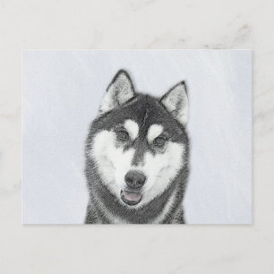 Carte Postale Sibérie Husky (noir et blanc) Peinture Chien Art