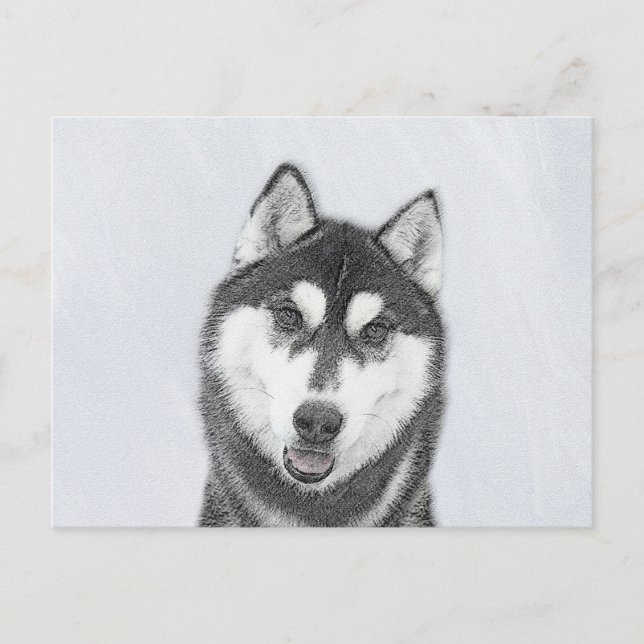 Carte Postale Sibérie Husky (noir et blanc) Peinture Chien Art (Devant)