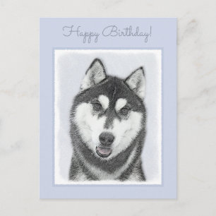 Carte Postale Sibérie Husky (noir et blanc) Peinture Chien Art