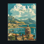 Carte Postale Sicile Italie Travel Art Vintage<br><div class="desc">Conception de déplacement vectoriel rétro en Sicile. La Sicile,  la plus grande île méditerranéenne,  se trouve juste à côté du "pied" de la "botte" italienne. Sa riche histoire se reflète dans des sites comme la Vallée des Temples.</div>