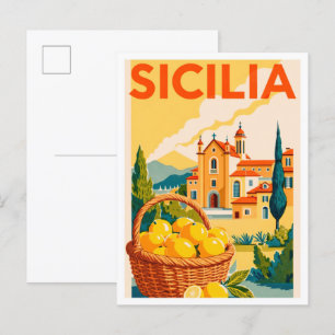 Carte Postale Sicilia Italie Art Vintage Illustration Voyage