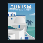 Carte Postale Sidi Bou Said Tunisie Art de Voyage Rétro Vintage<br><div class="desc">Conception de voyage rétro de Sidi Bou Said. Connu pour ses rues pavées et ses maisons bleues et blanches,  Sidi Bou Said est une ville charmante sur un promontoire surplombant la Méditerranée,  avec des cafés en plein air,  des restaurants tunisiens et des galeries d'art.</div>