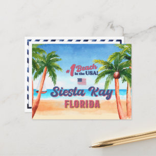 Carte Postale Siesta Key Florida Aquarelle Souvenirs FL Vintage