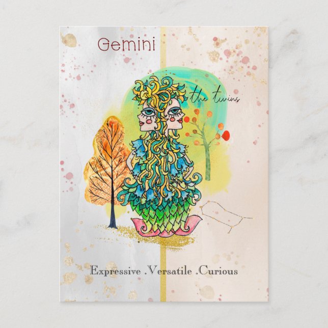 Carte Postale SIGNE Zodiaque Gemini Whimsical Twins Vert Jaune (Devant)