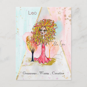 Carte Postale SIGNE Zodiaque Leo Le Lion Whimsical Girl Rouge Ja
