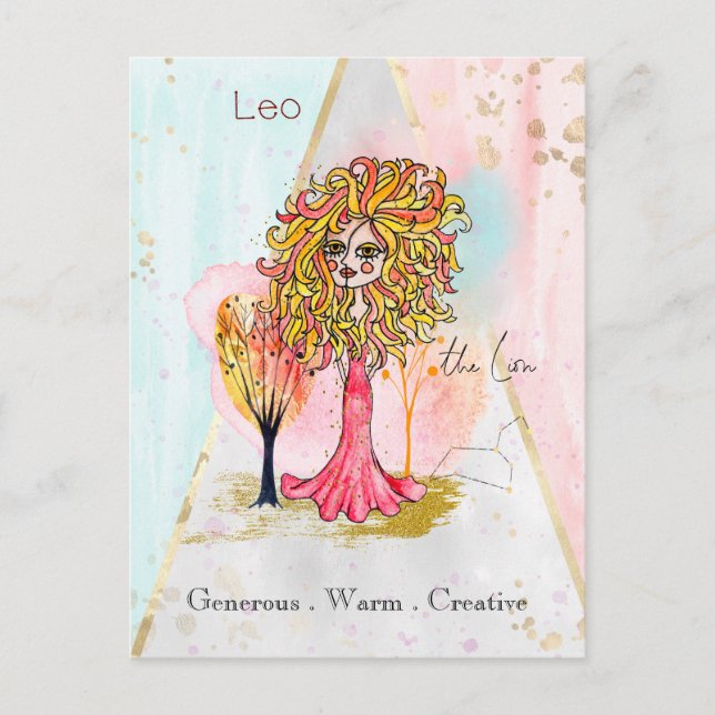 Carte Postale SIGNE Zodiaque Leo Le Lion Whimsical Girl Rouge Ja (Devant)