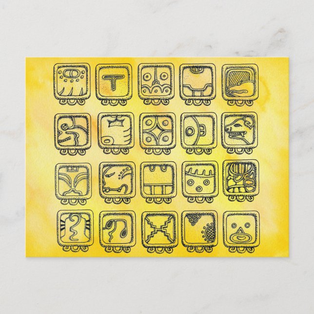 Carte Postale Signes de la Journée Maya Aztèque sur Jaune (Devant)