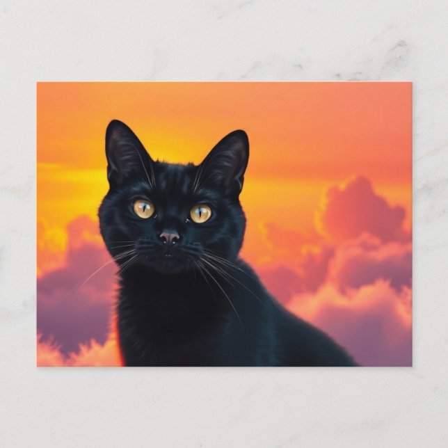 Carte postale silhouette de chat noir au coucher d (Devant)