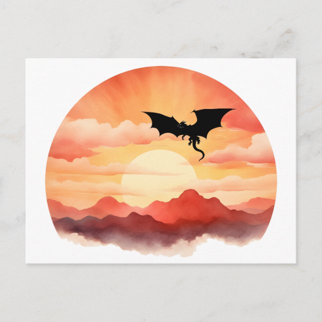 Carte Postale Silhouette de dragon contre un coucher de soleil (Devant)