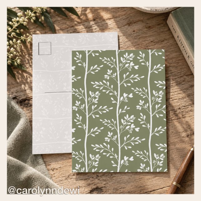 Carte Postale Silhouette de fleur de stripe de vert olive minima (Créateur téléchargé)