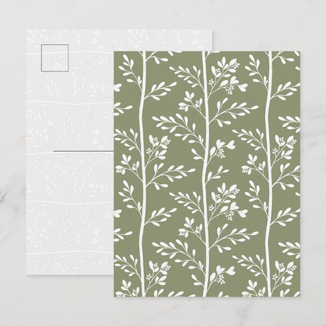 Carte Postale Silhouette de fleur de stripe vert olive minimal (Devant / Derrière)