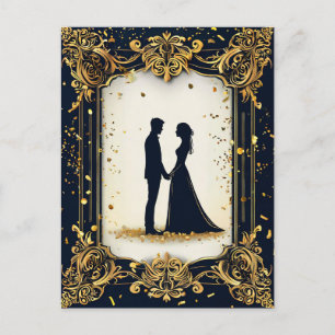 Carte Postale Silhouette de mariage élégante avec cadre doré orn
