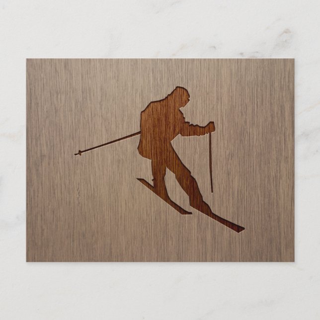 Carte Postale Silhouette de ski gravée sur la conception du bois (Devant)