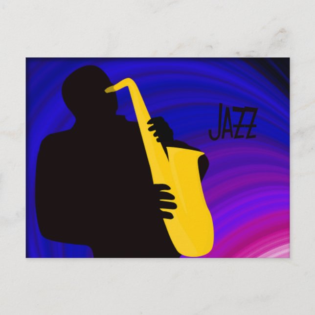 Carte Postale Silhouette d'un joueur de jazz, bleu & violet (Devant)