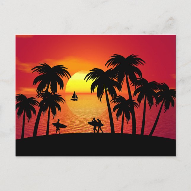 Carte Postale Silhouette d'une île tropicale au coucher du solei (Devant)