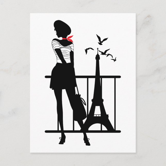 Carte Postale Silhouette noire rouge femme rétro avec Tour Eiffe (Devant)