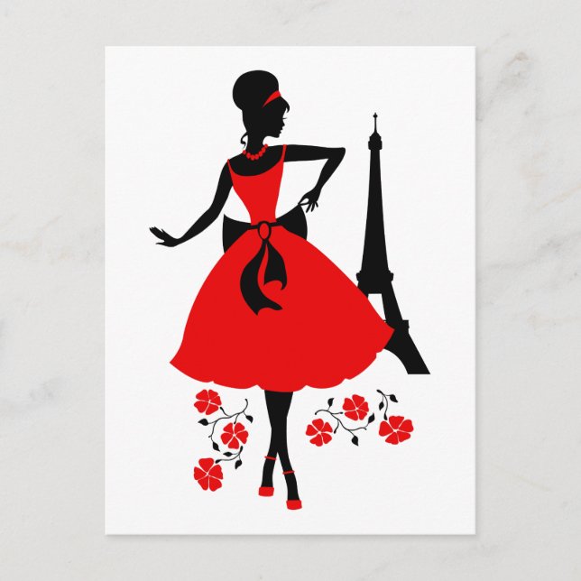 Carte Postale Silhouette noire rouge femme rétro avec Tour Eiffe (Devant)