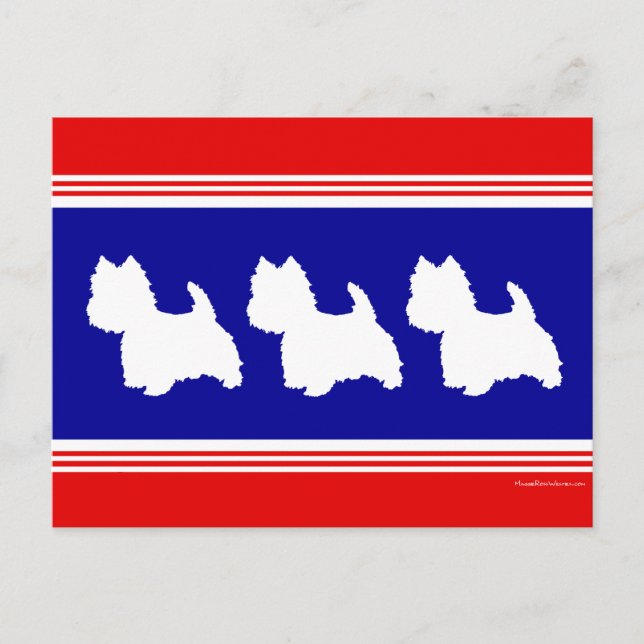 Carte Postale Silhouette Westie Rouge, Blanc, Bleu (Devant)