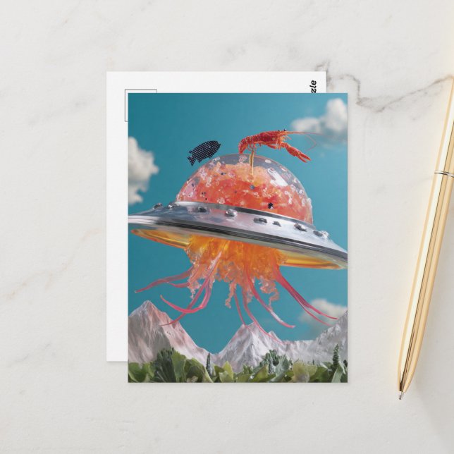 Carte Postale Silly Lobster Fish Surreal Jellyfish UFO Collage (Devant/Arrière en situation)