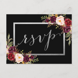Carte Postale Silver Foil Bourgogne Floral Black Wedding RSVP
