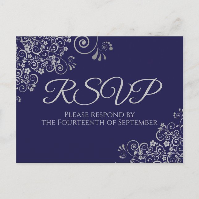 Carte Postale Silver Frills Elegant Marine Blue Wedding RSVP (Devant)
