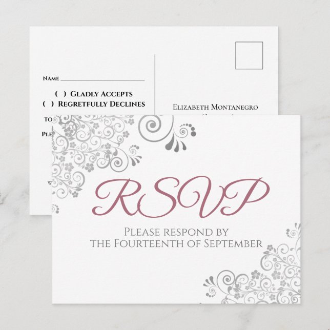 Carte Postale Silver Frills Simple Chic Dusty Mariage Rose RSVP (Devant / Derrière)