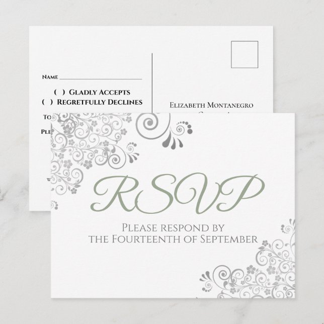 Carte Postale Silver Frills Simple Chic Sage Vert Mariage RSVP (Devant / Derrière)