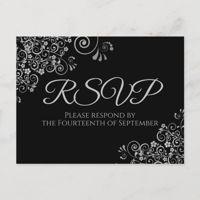 Carte Postale Silver Frills Simple Elegant Noir Mariage RSVP (Devant)