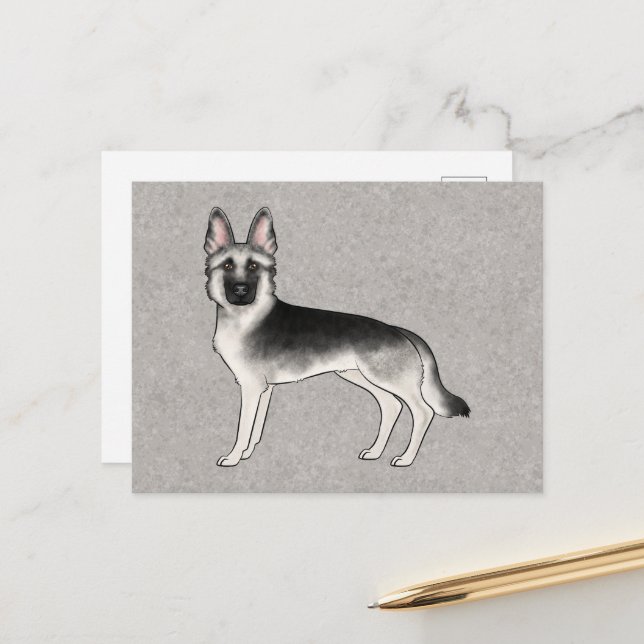 Carte Postale Silver Sable Allemand Berger Cartoon GSD Chien Gre (Devant/Arrière en situation)