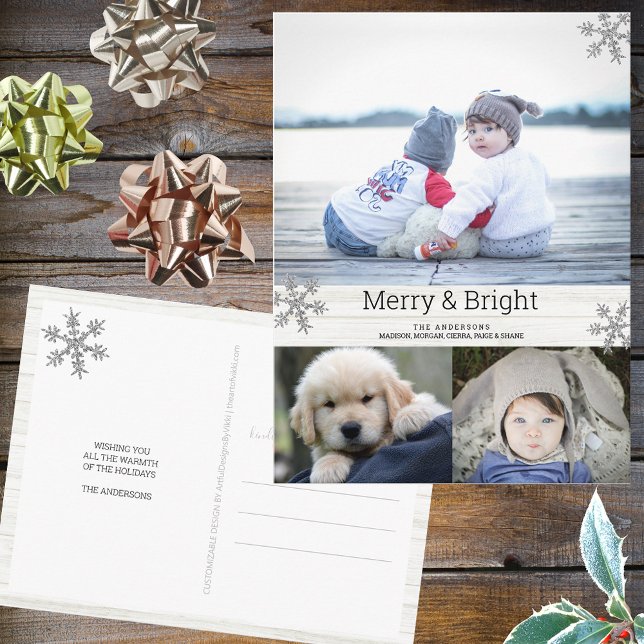 Carte Postale Silver Snowflake 3 Photo Collage Holiday (Personalize this 3 photo Christmas postcard with your name, pictures and a custom holiday greeting.)
