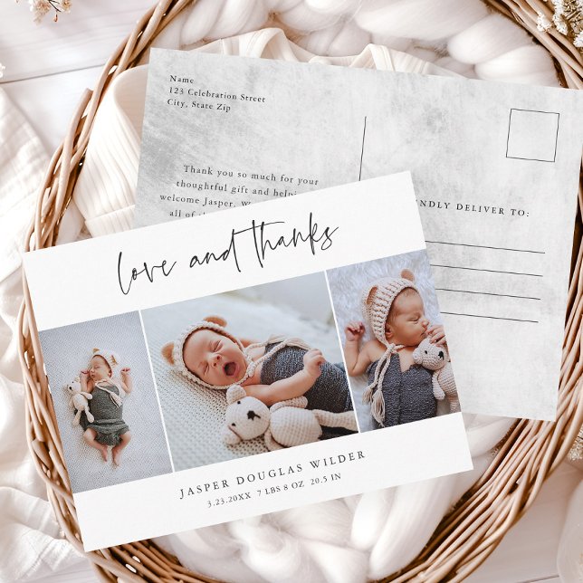 Carte Postale Simple 3 Photo Amour et Remerciements Bébé Merci (Simple 3 Photo Script Love and Thanks Baby Announcement Thank You Postcards.)