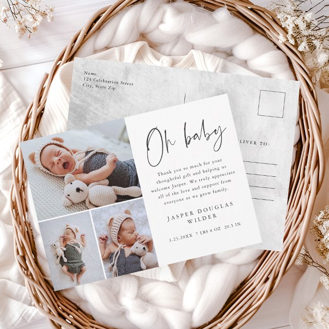 Carte Postale Simple 3 photo Oh Baby Merci (Simple 3 photo oh baby announcement thank you postcards.)
