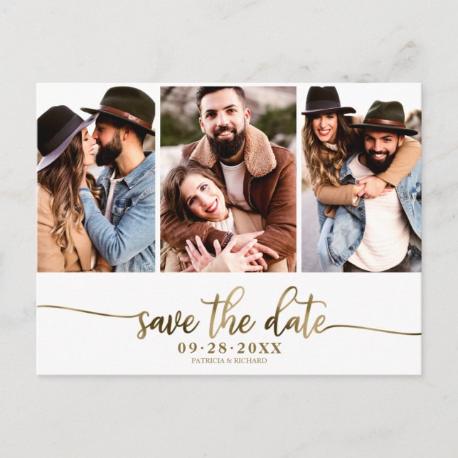 Carte Postale Simple 3 photos mariage collage Save The Date (Devant)