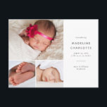 Carte postale simple à Faire-part de naissance mul<br><div class="desc">Cette carte postale à trois photos est dotée d'une palette de couleurs chic gris et blanc qui permet à vos photos de briller. Customisez le texte pour inclure le nom de votre bébé, les détails de la naissance et vos noms. L'arrière de la carte postale comprend de l'espace pour écrire...</div>