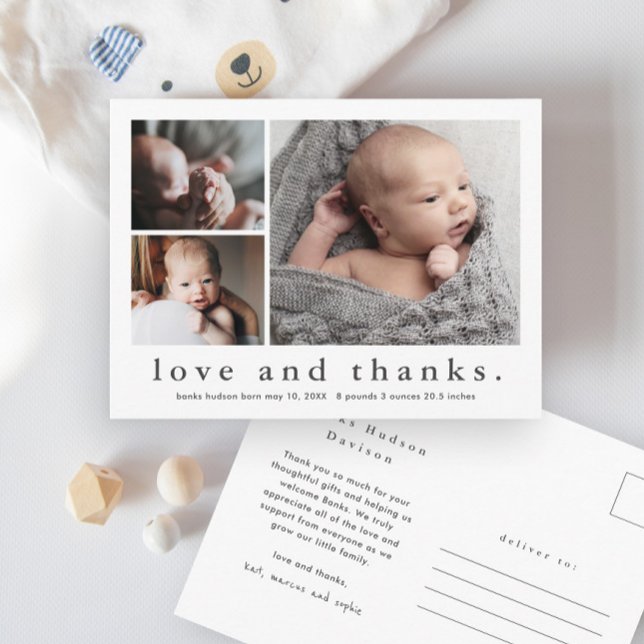 Carte Postale Simple Amour et Merci 3 Photo Merci bébé (Simple love and thanks typography baby photo thank you postcard.)