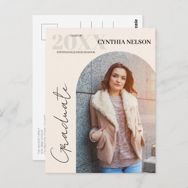 Carte Postale Simple Arc Photo Beige Graduation Faire-part (Devant / Derrière)