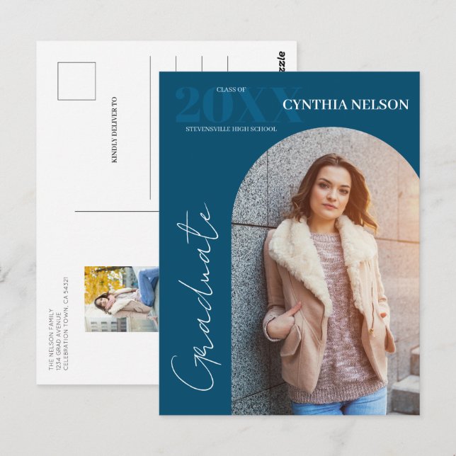 Carte Postale Simple Arc Photo Blue Graduation Faire-part (Devant / Derrière)