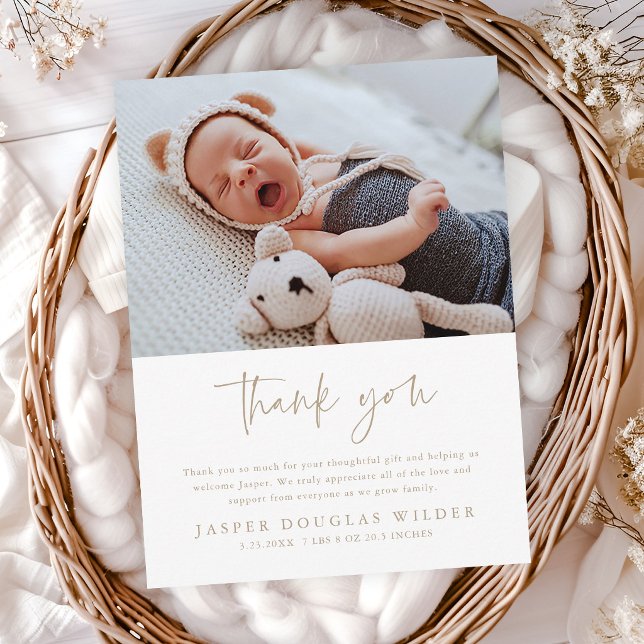 Carte Postale Simple Baby Photo Birth Stats Thank You Card (Minimal script baby photo thank you cards.)