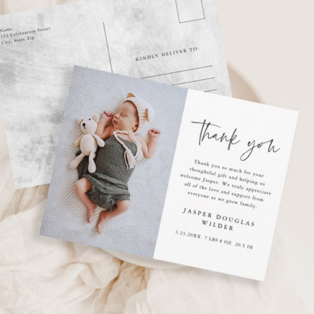 Carte Postale Simple Baby Photo Birth Stats Thank You Postcard (Modern script simple black and white baby photo thank you note postcards.)