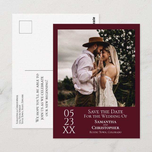 Carte Postale Simple Burgundy Wedding Save the Date (Devant / Derrière)