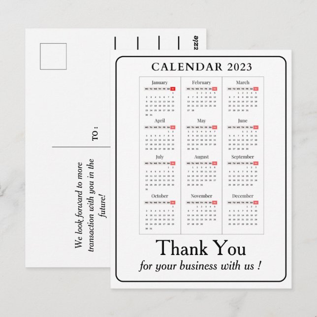 Carte Postale Simple Calendar 2023 Merci personnalisé pour l'ent (Devant / Derrière)