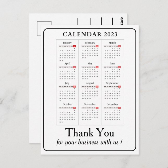 Carte Postale Simple Calendrier 2023 Merci pour l'entreprise per (Devant / Derrière)
