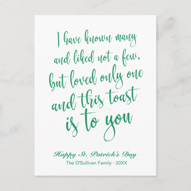 Carte Postale Simple calligraphie Toast Irlandais St Patrick (Devant)
