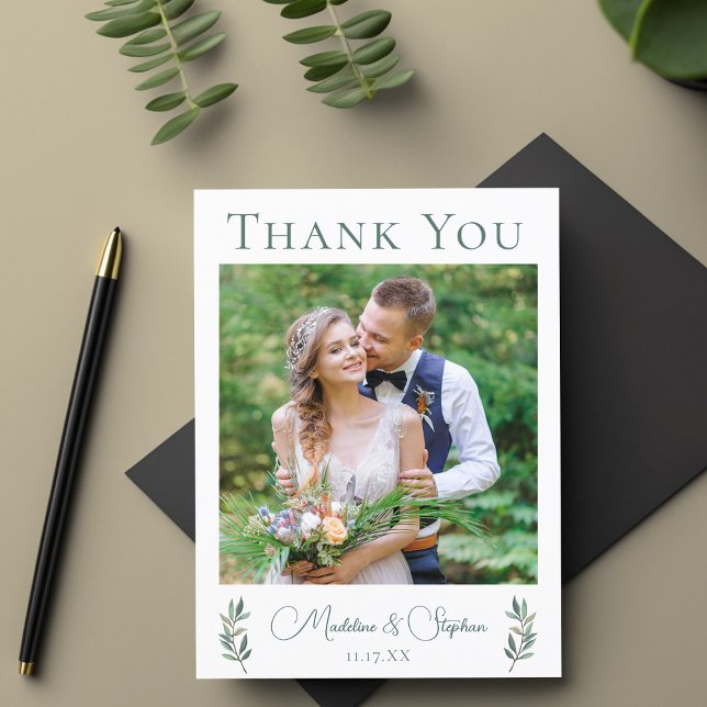 Carte Postale Simple Chic Photo de Mariage Remerciement de Feuil (Créateur téléchargé)