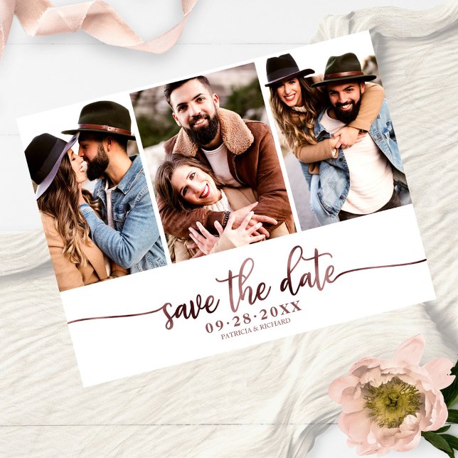 Carte Postale Simple Collage De 3 Photos De Mariage Save The Dat (Créateur téléchargé)