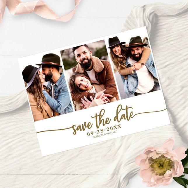 Carte Postale Simple Collage De 3 Photos De Mariage Save The Dat (Créateur téléchargé)